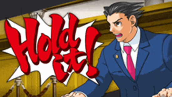 Phoenix Wright shouting 'Hold It!'