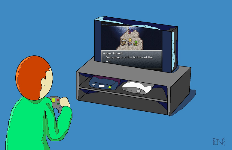 A rendition of Zeph playing a game, drawn by PengatArt